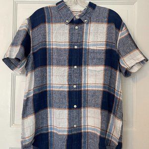 Corridor New York short sleeve linen button down shirt blue plaid size L